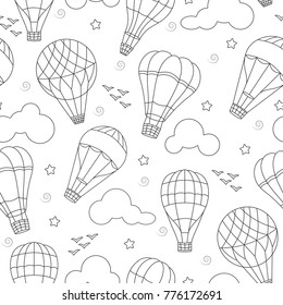 Seamless background with balloons , clouds, birds and stars ,dark contours on white background