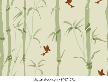 Seamless background with bamboo and birds, vector  illustration