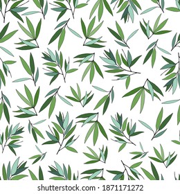 Seamless background with bamboo leaves and branches. Set of bamboo tree leaves. Hand drawn botanical collection.  Drawing of parts of bamboo and sections of branches and leaves.