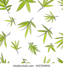 Seamless background with bamboo leaves and branches. Set of bamboo tree leaves. Hand drawn botanical collection. Drawing of parts of bamboo and sections of branches and leaves on a white background. 