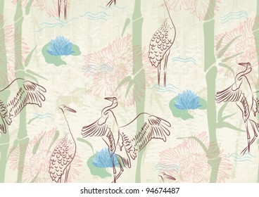 Seamless background with bamboo, stork and lily, beautiful vector illustration