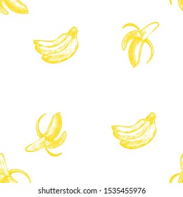 Seamless background with banana for fabric, web . Hand drawn fresh fruits. Vector illustration on the white background. Organic food.
