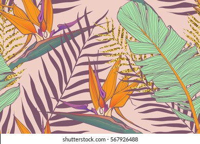 Seamless background  with banana leaves and tropical flowers