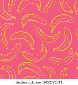 Seamless background with bananas. A hand-drawn illustration of fruits. Yellow bananas in their skins on a pink background. Simple freehand graphics, contours