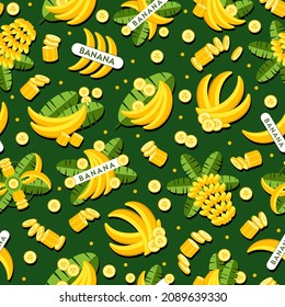 Fondo sin mar con plátanos, logos (emblemas, insignias) con bananas, flores bananeras, hojas, rodajas, panecillos de plátanos. La decoración es buena para los paquetes de comida, el envoltorio. Patrón de vector