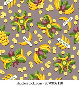Seamless background with bananas, logos, emblems, badges with bananas, banana flowers, leaves, slices, bunch of bananas. Good for decoration of food package, wrapping. Vector pattern