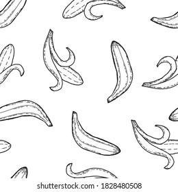 Seamless background. Bananas on a white background. Doodle style. Drawn by hand. Bananas open and out of order. Vegan. Eco. Suitable for decoration of textiles, food packaging and menus.