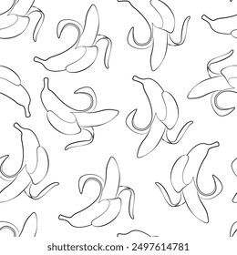 Seamless background with bananas. Outline drawings of peeled bananas on a white background. Line drawing. Endless background. Banana pattern, textile, art, tropical fruit