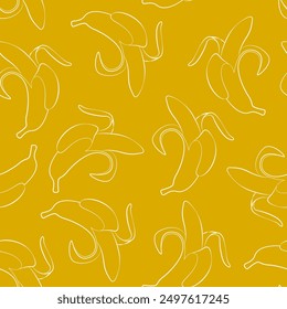 Seamless background with bananas. Outline drawings of peeled bananas on a yellow background. Line drawing. Endless background. Banana pattern, textile, art, tropical fruit