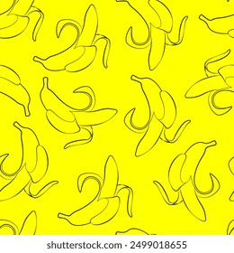 Seamless background with bananas. Outline drawings of peeled bananas on a yellow background. Line drawing. Endless background. Banana pattern, textile, art, tropical fruit