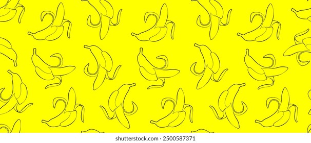 Seamless background with bananas. Outline drawings of peeled bananas on a yellow background. Line drawing. Endless background. Banana pattern, textile, art, tropical fruit