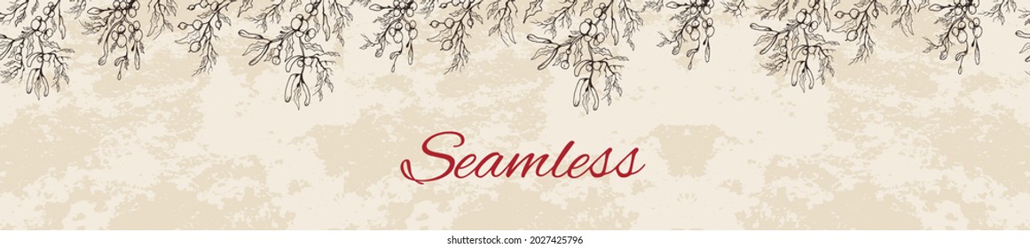 seamless background, banner with a place for the text. hand-drawn branches of winter Víscum in a minimalist style. a modern pattern for holiday, banner.  vintage style. art vector  illustratration