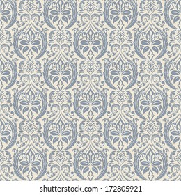 Seamless background baroque style beige, blue color. Vintage Pattern. Retro Victorian. Ornament  Damascus style. Elements of flowers, leaves. Vector illustration. Wallpaper, print packaging, textiles.