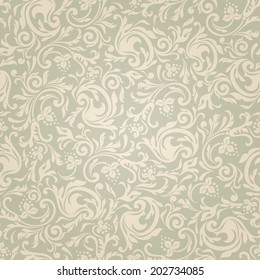 Seamless background baroque style beige green color. Vintage Pattern. Retro Victorian. Ornament  Damascus style. Elements of flowers  leaves. Vector illustration. Wallpaper, print packaging, textiles.