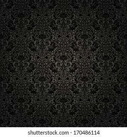 Seamless background baroque style black color. Vintage luxury Pattern. Retro Victorian. Ornament Damascus style. Elements of flowers, leaves. Vector illustration. Wallpaper, print packaging, textiles.