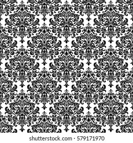 Seamless background  baroque style black and white. Vintage  Pattern. Retro Victorian ornament. Elements of flowers and leaves. Vector illustration. Use for wallpaper, print packaging paper, textiles.