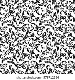Seamless background  baroque style black and white. Vintage  Pattern. Retro Victorian ornament. Elements of flowers and leaves. Vector illustration. Use for wallpaper, print packaging paper, textiles.