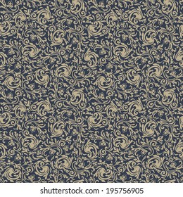 Seamless background baroque style blue, gold color. Vintage Pattern. Retro Victorian. Ornament in Damascus style. Elements of flowers leaves. Vector illustration. Wallpaper, print packaging, textiles.