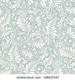 Seamless background baroque style blue and beige. Vintage Pattern. Retro Victorian. Ornament in Damascus style. Elements of flowers, leaves. Vector illustration. Wallpaper, print packaging, textiles.