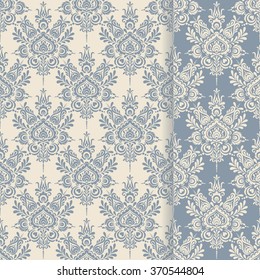 Seamless background baroque style blue and beige. Vintage Pattern. Retro Victorian. Ornament in Damascus style. Elements of flowers, leaves. Vector illustration. Wallpaper, print packaging, textiles.