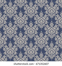 Seamless background baroque style blue and beige. Vintage Pattern. Retro Victorian. Ornament in Damascus style. Elements of flowers, leaves. Vector illustration. Wallpaper, print packaging, textiles.