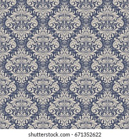 Seamless background baroque style blue and beige. Vintage Pattern. Retro Victorian. Ornament in Damascus style. Elements of flowers, leaves. Vector illustration. Wallpaper, print packaging, textiles.