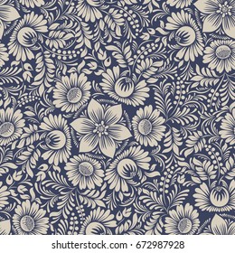 Seamless background baroque style blue and beige. Vintage Pattern. Retro Victorian. Ornament in Damascus style. Elements of flowers, leaves. Vector illustration. Wallpaper, print packaging, textiles.