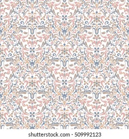 Seamless background baroque style pink and gray. Vintage Pattern. Retro Victorian. Ornament in Damascus style. Elements of flowers, leaves. Vector illustration. Wallpaper, print packaging, textiles.