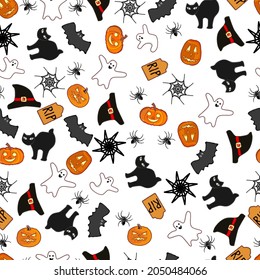 Seamless background with bat and gravestone, witch hats and cat, spider and cobweb, pumpkins. Cartoon style. Halloween. October. Seamless pattern. Vector illustration on white background
