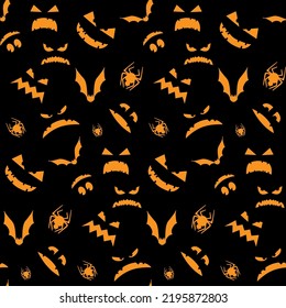 Seamless background with bats, spiders and jack o lanterns, carved luminous muzzle of a pumpkins for Halloween on a black background