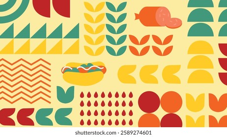 A seamless background with BBQ themed geometric shapes, grill elements, and retro style illustrations. Ideal for food packaging, restaurant branding, summer events, and digital backgrounds.