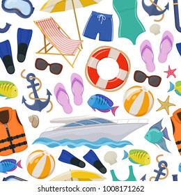 Seamless background of beach summer holidays accessories, cartoon illustration. Vector