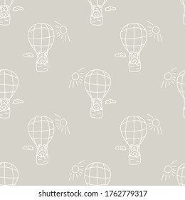 Seamless background bear in hot air balloon gender neutral baby pattern. Simple whimsical minimal earthy 2 tone color. Kids nursery wallpaper or boho cartoon animal fashion all over print.