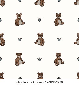 Seamless background bear and paw gender neutral baby pattern. Simple whimsical minimal earthy 2 tone color. Kids nursery wallpaper or boho cartoon animal fashion all over print.