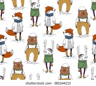 Seamless background with bear, rabbit and fox in fashionable clothes. Hand drawn vector illustration