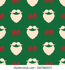 Seamless background with a beard, mustache, and text Ho Ho Ho. Christmas vector pattern. Red and beige elements on green color.Design for poster backdrop, gift wrappers, textiles, fabrics, and packing