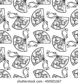 Seamless background of beautiful black Japanese fans with an image of cherry blossoms. hand-drawn illustration