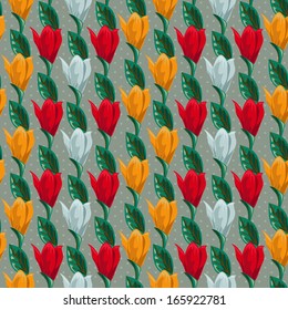 Seamless background with beautiful colored tulips, vector illustration.