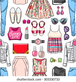 Seamless background with beautiful colorful female summer clothing