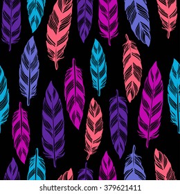 Seamless background with beautiful feathers of a bird. Repeating texture. Fabric design, background, wallpaper. Boho Style