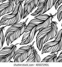 Seamless background with beautiful feathers of a bird. Repeating texture. Fabric design, background, wallpaper. Boho Style