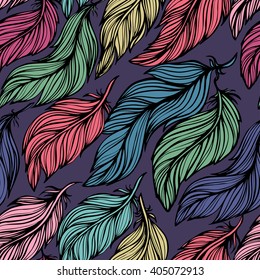 Seamless background with beautiful feathers of a bird. Repeating texture. Fabric design, background, wallpaper. Boho Style