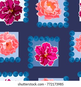 Seamless background with beautiful flowers and berries. Design for cloth, wallpaper, gift wrapping. Print for silk, calico and home textiles.Vintage natural pattern.