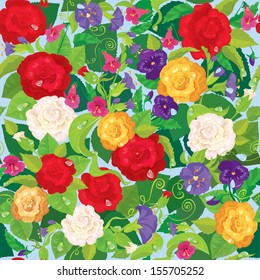 Seamless background with beautiful flowers - rose, pansy, bellflower