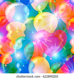 Seamless Background with Beautiful Flying Colorful Balloons and Bright Fireworks, Holiday Tile Pattern for your Design. Eps10, Contains Transparencies. Vector