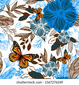 The seamless background is beautiful graphic flowers with butterflies. Vector illustration