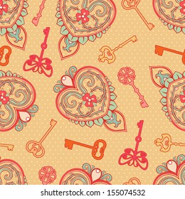 Seamless background with beautiful keys and hearts 