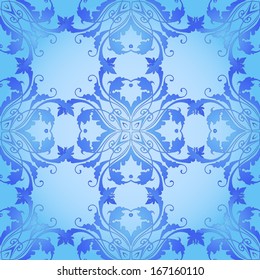 Seamless background with beautiful ornaments patterned blue on blue