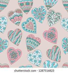 Seamless background of beautiful painted doodle hearts on beige background