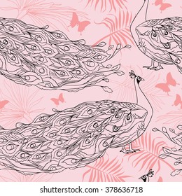seamless background with beautiful peacocks and palm leaves, vector illustration
